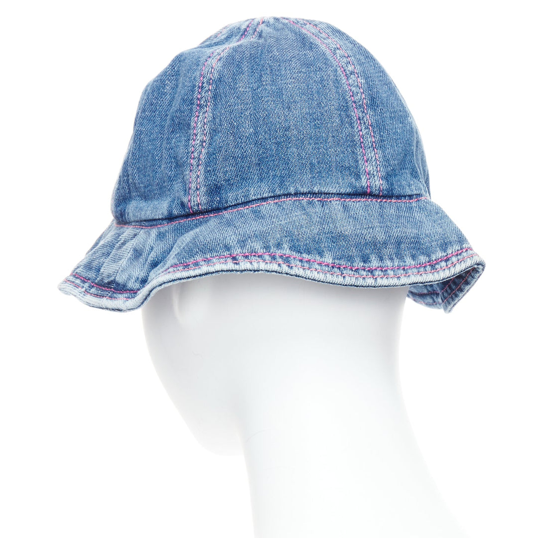 CHANEL 2022 washed blue denim silver CC logo red topstitch bucket hat M