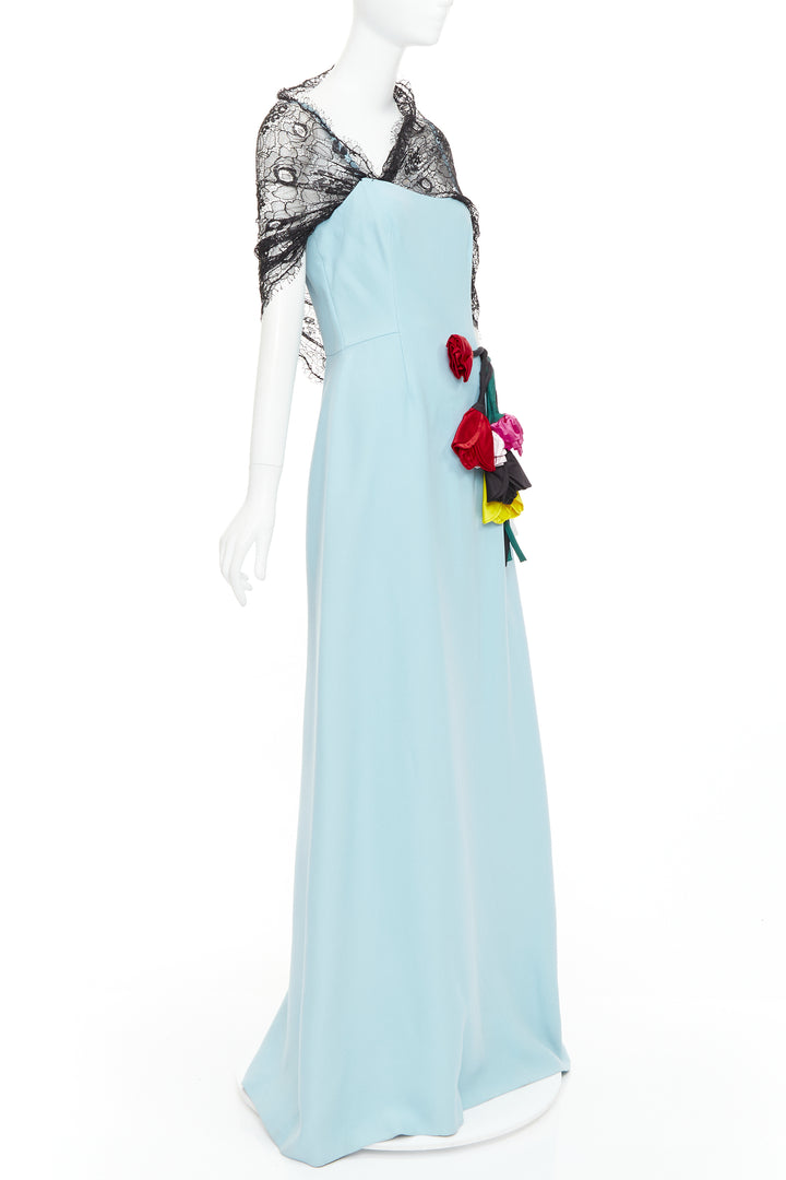 PRADA 2019  light blue black draped lace floral bouquet applique gown IT42 M