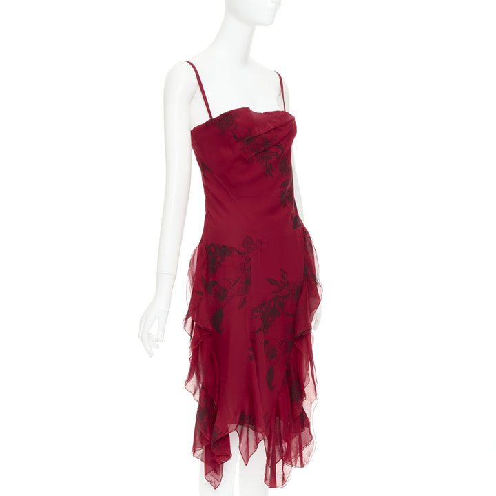CHRISTIAN DIOR 2006 John Galliano Vintage Runway red silk floral dress FR34 XS