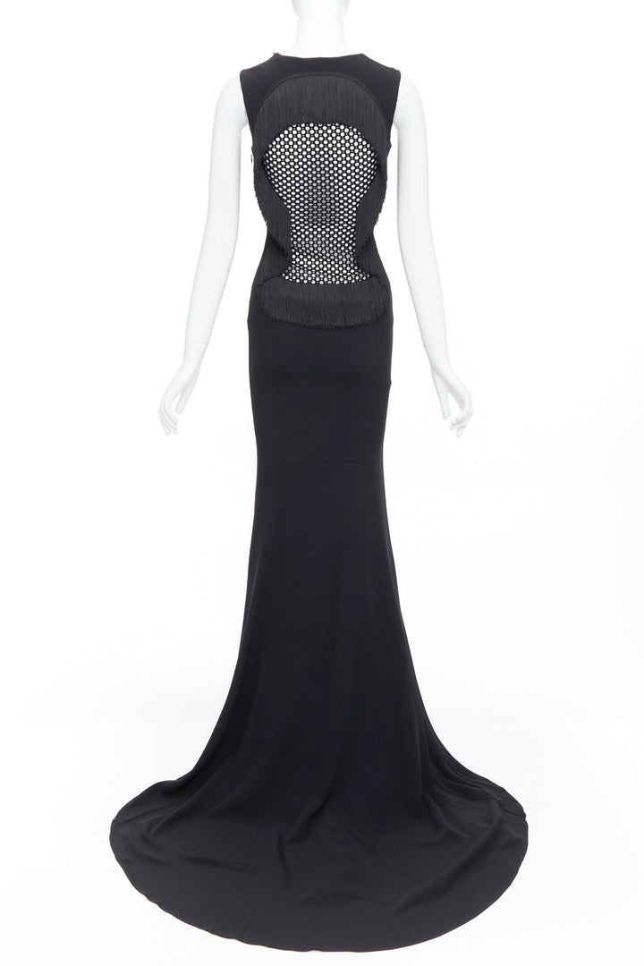 STELLA MCCARTNEY 2014 black fringe mesh back fitted long train gown IT36 XXS