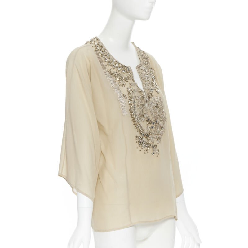 OSCAR DE LA RENTA 100% silk beige crystal embroidery collar 3/4 sleeve blouse XS