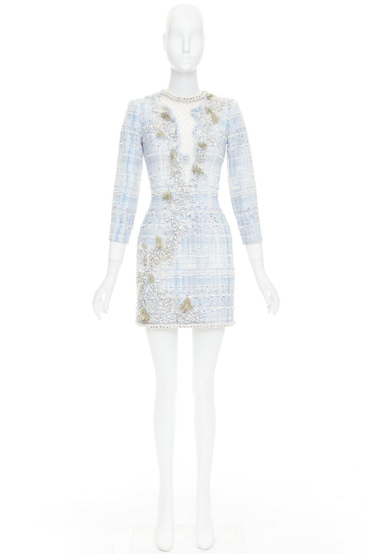 rare BALMAIN blue white tweed pearl bead embellished plunge mesh dress FR34 XS