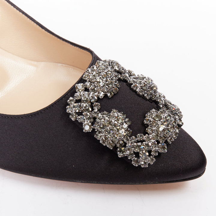 MANOLO BLAHNIK Hangisi black satin crystal brooch buckle heeled pumps EU38