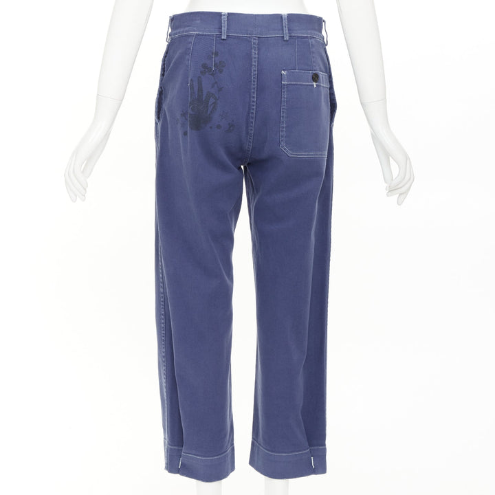 DIOR blue cotton whtie stitch palm print back utility cargo pants FR36 S