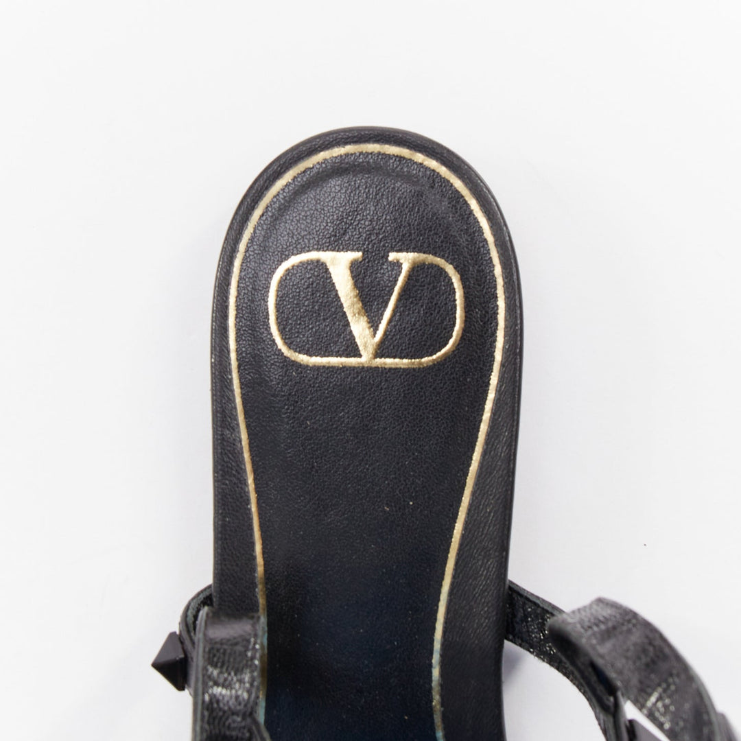 VALENTINO Rockstud black leather wraparound lace up tassel gladiator flats EU38
