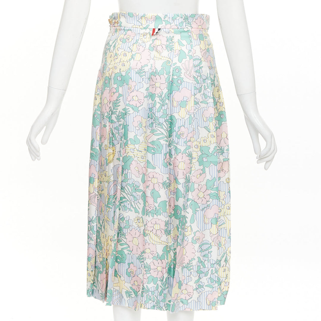 THOM BROWNE green pink yellow silk floral marine motif midi skirt IT36 XXS