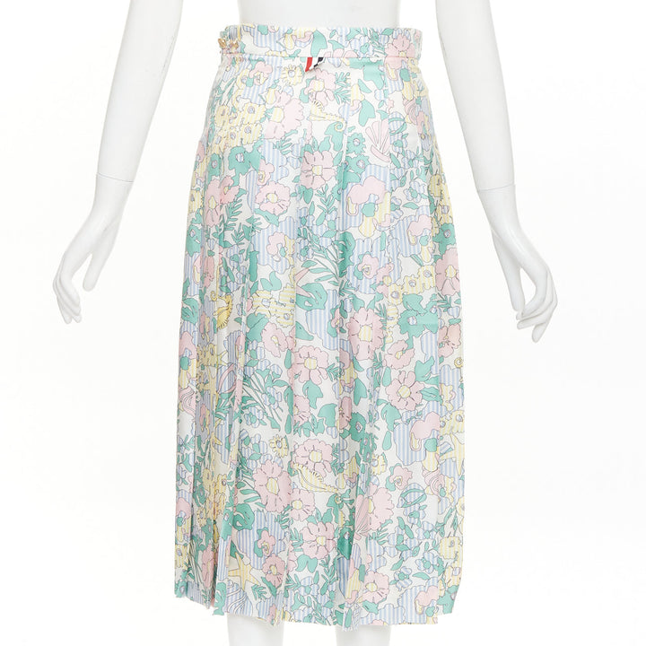 THOM BROWNE green pink yellow silk floral marine motif midi skirt IT36 XXS