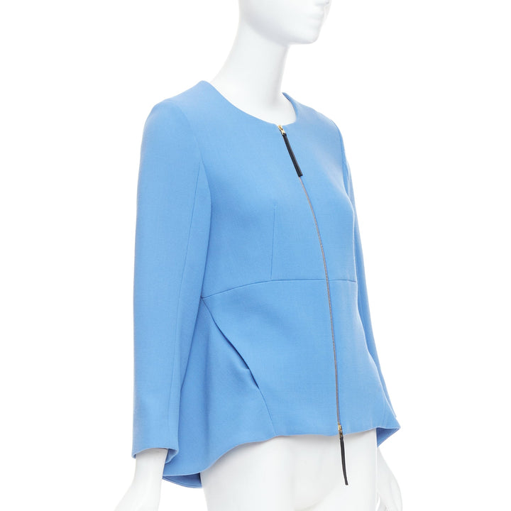 MARNI sky blue virgin wool zip front peplum crew neck coat IT40 S