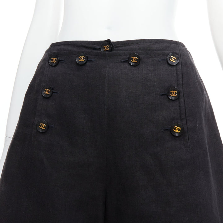 rare CHANEL 94P Vintage black linen gold CC logo buttons sailor shorts FR36 S