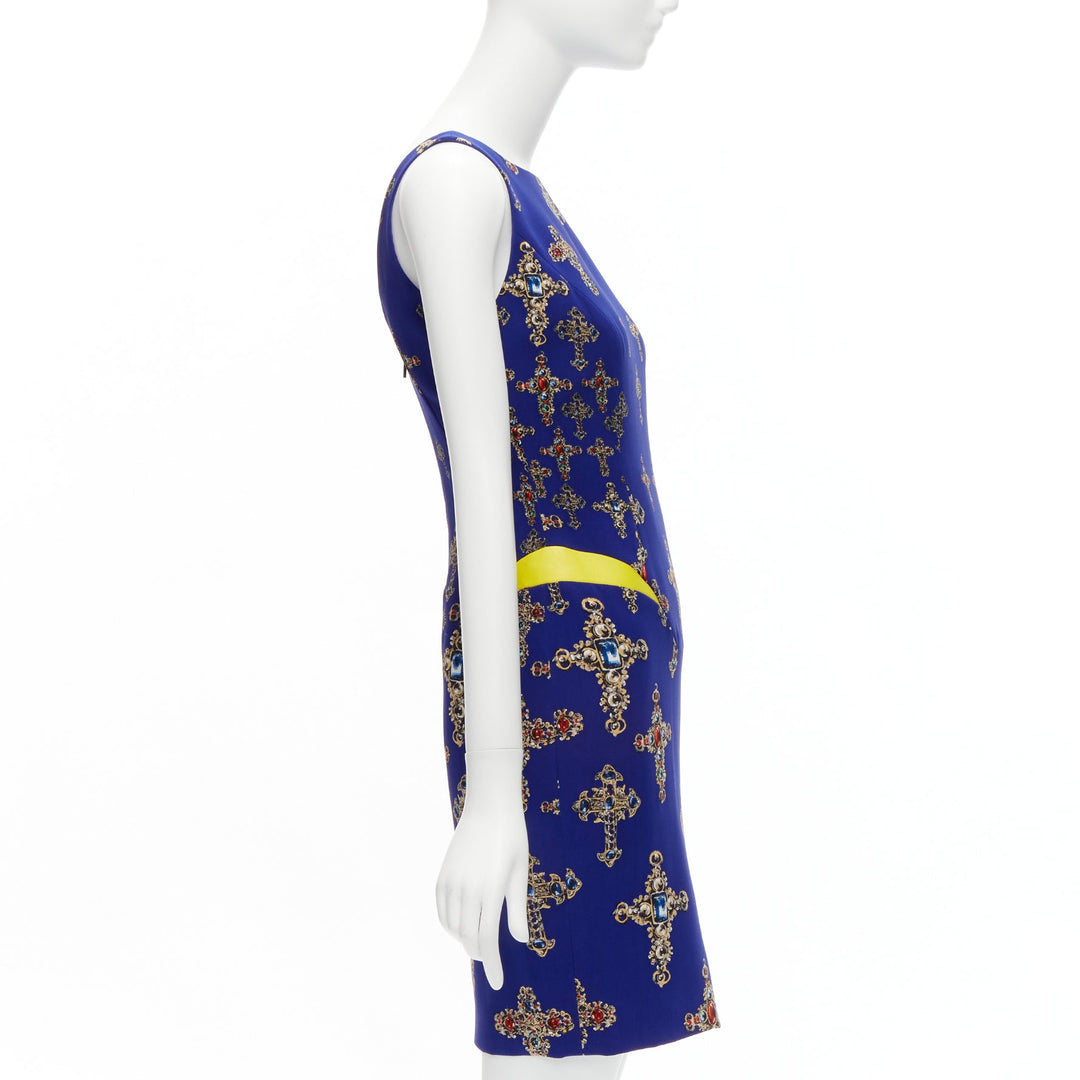 VERSACE 2012 royal blue Byzantine Cross print yellow leather waist shift dress