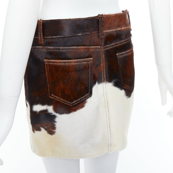 SAINT LAURENT 2018 brown white real calf hair silk lined mini skirt FR38 M