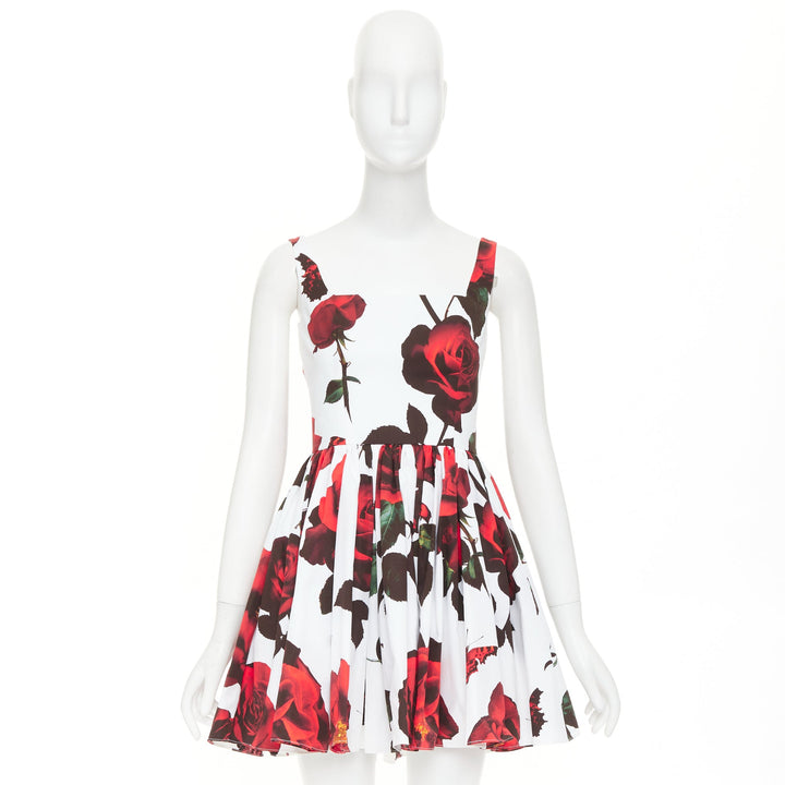 ALEXANDER MCQUEEN 2024 Tudor Rose print cotton poplin skater mini dress IT38 XS