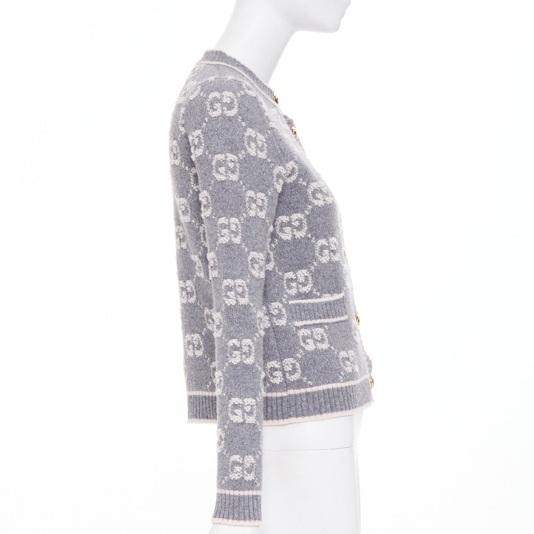 GUCCI 2021 grey cream GG Supreme jacquard boucle wool cardigan jacket IT40 S