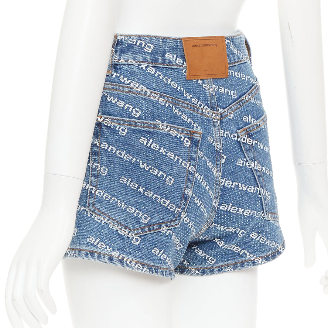 ALEXANDER WANG Bite blue denim crystal rhinestone hotfix logo mini shorts 25"