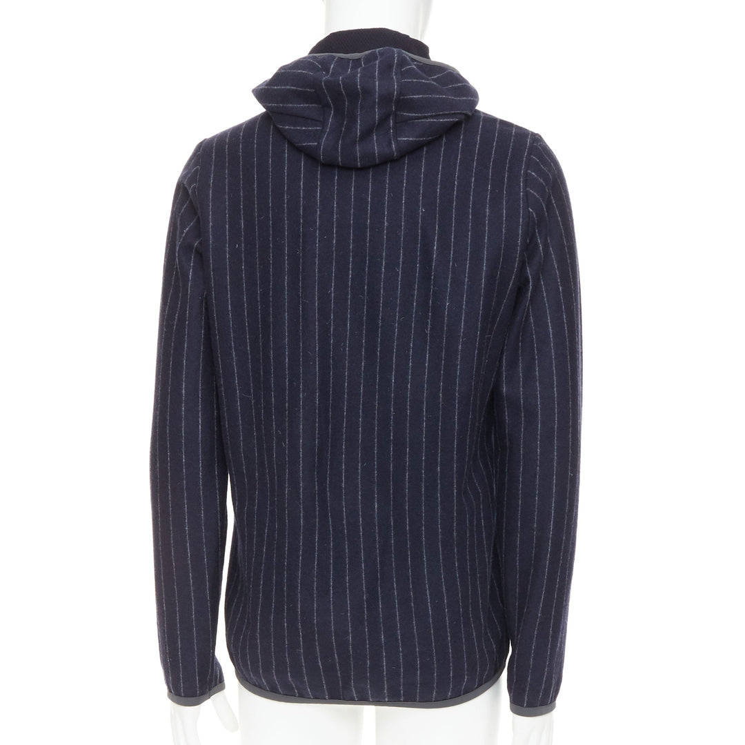 SEASE Drone Hood navy virgin wool cashmere pinstripe trimmed hoodie S