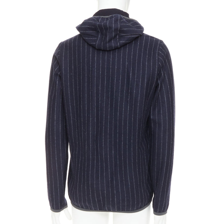 SEASE Drone Hood navy virgin wool cashmere pinstripe trimmed hoodie S