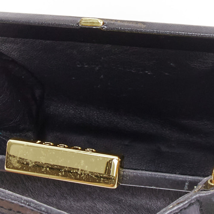 GUCCI Vintage Old Haroco black pony hair gold logo frame crossbody mini bag