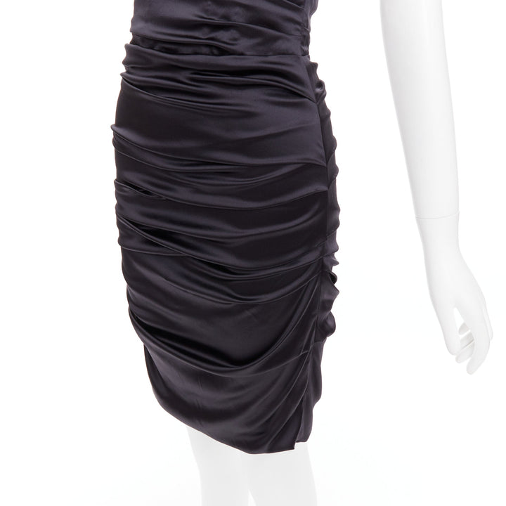 DOLCE GABBANA black silk blend angular bust rushed cocktail dress IT40 S