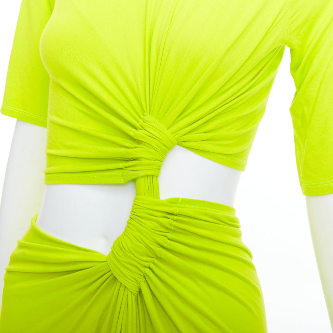 SID NEIGUM neon yellow stretch satin twist cut out draped dress XS