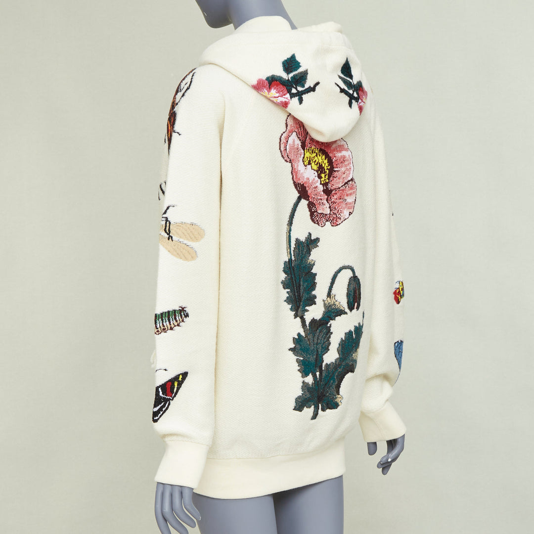 GUCCI 2017 Runway ivory wool cotton pom pom embroidered insect floral hoodie XXS