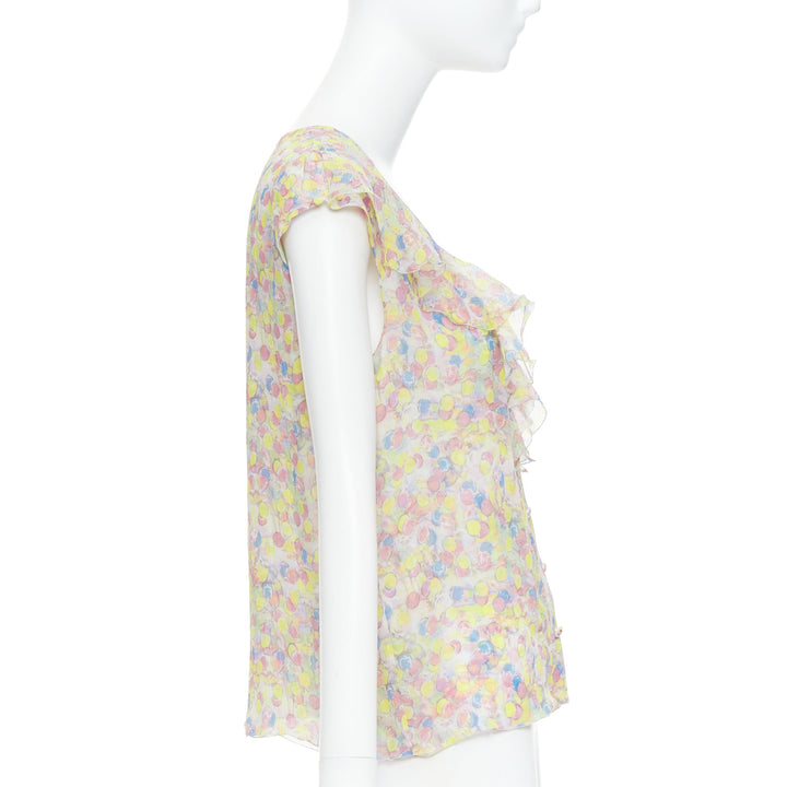 CHANEL 2011 100% silk Vintage circle pastel CC logo ruffle blouse FR42 XL