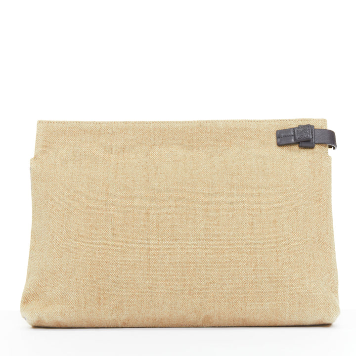 LOEWE T Pouch beige linen canvas gold anagram dark zip slot clutch bag