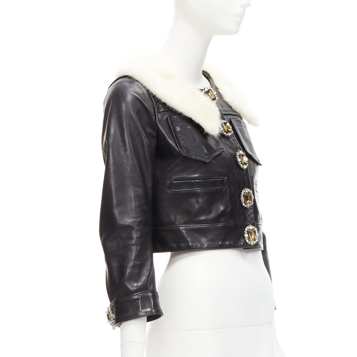 rare DSQUARED2 asymmetric fur collar jewel button cropped leather jacket IT40 S