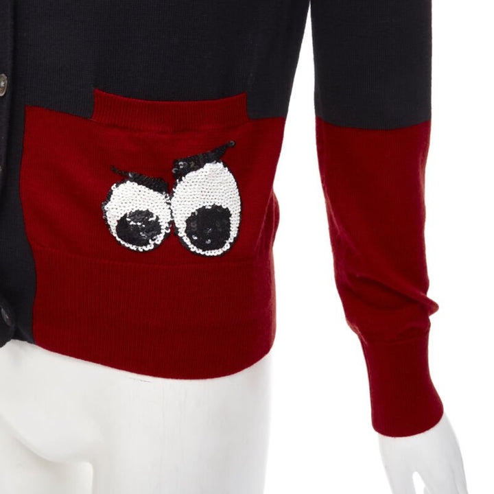 MARKUS LUPFER 100% merino wool black red Angry Eyes sequins pocket cardigan XS