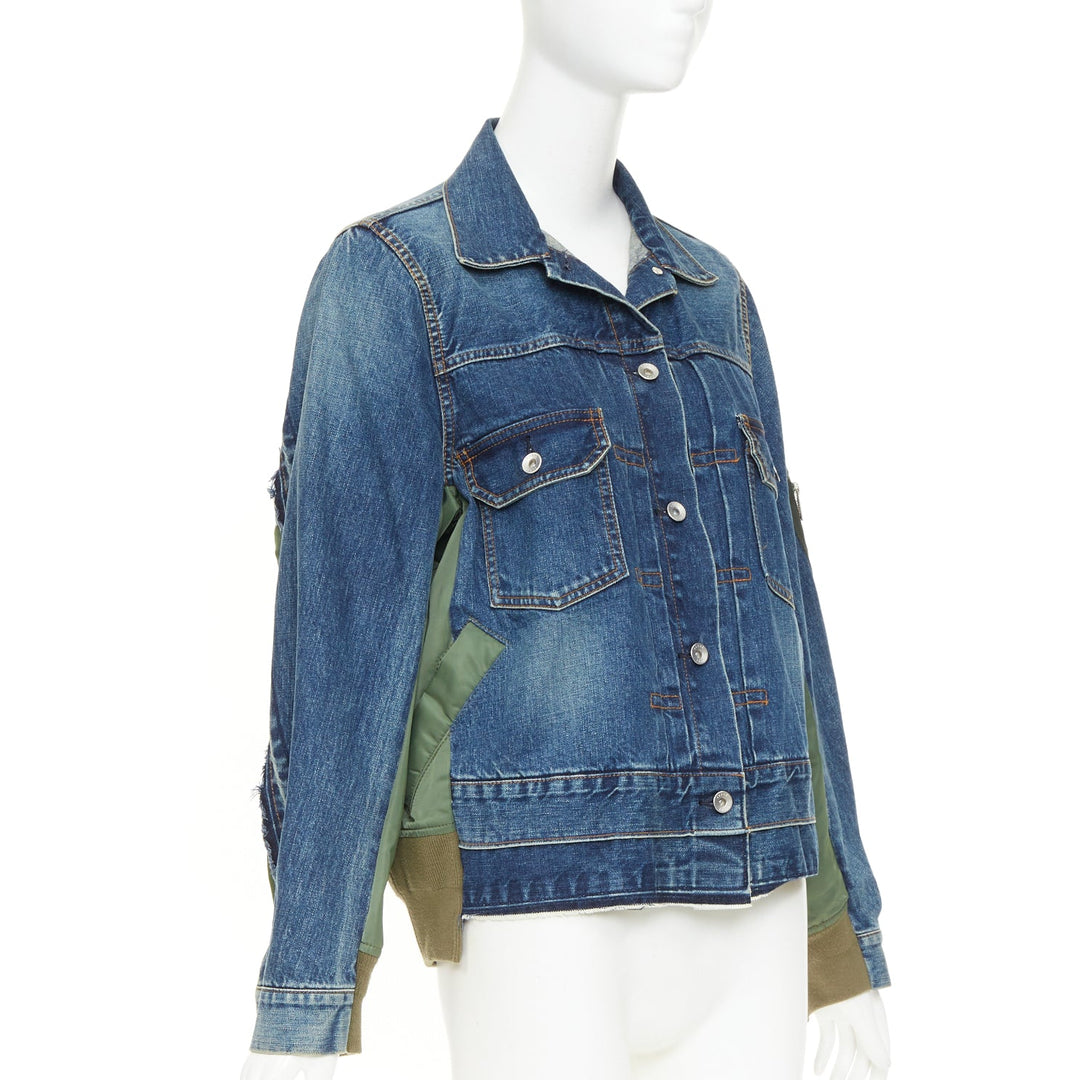 SACAI 2021 blue denim green nylon twill reconstructed hybrid MA-1 jacket JP2 M