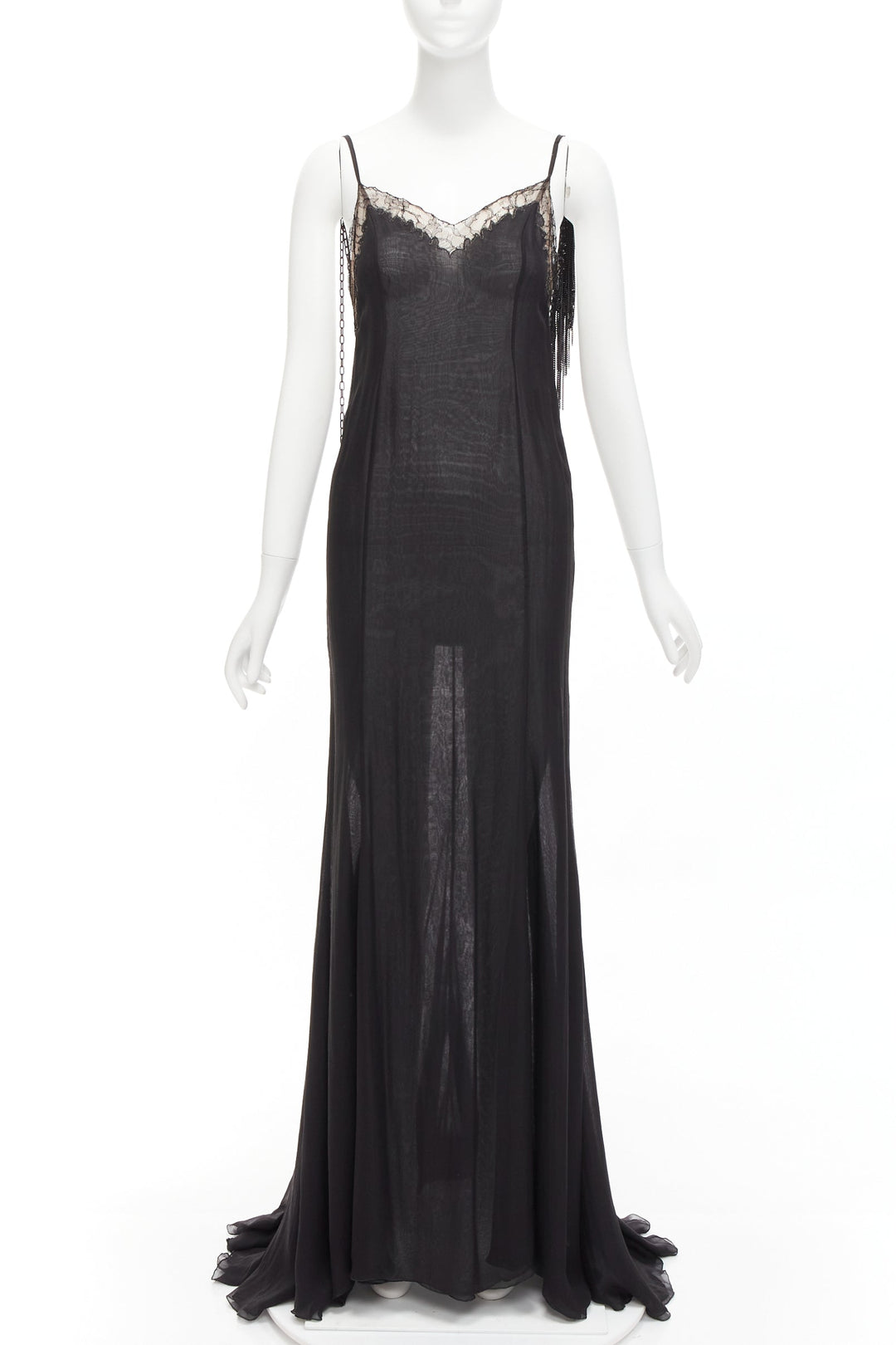 GIANNI VERSACE Vintage black punk chain detail lace trim sheer long gown IT38 XS