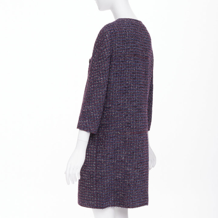 CHANEL 2014 purple metallic CC button four pocket collarless tweed coat FR44
