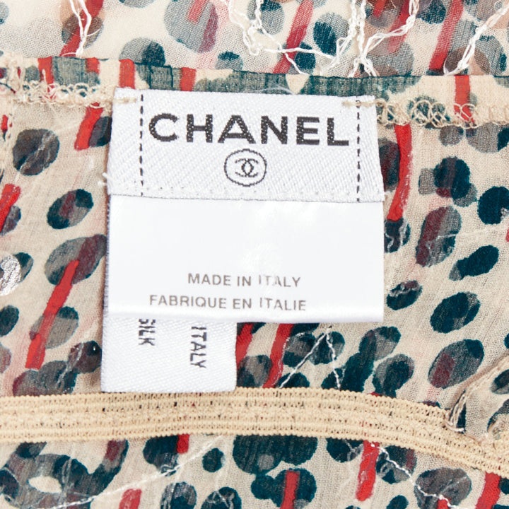 CHANEL 02A beige red sequin fringe applique sheer camisole FR38 M