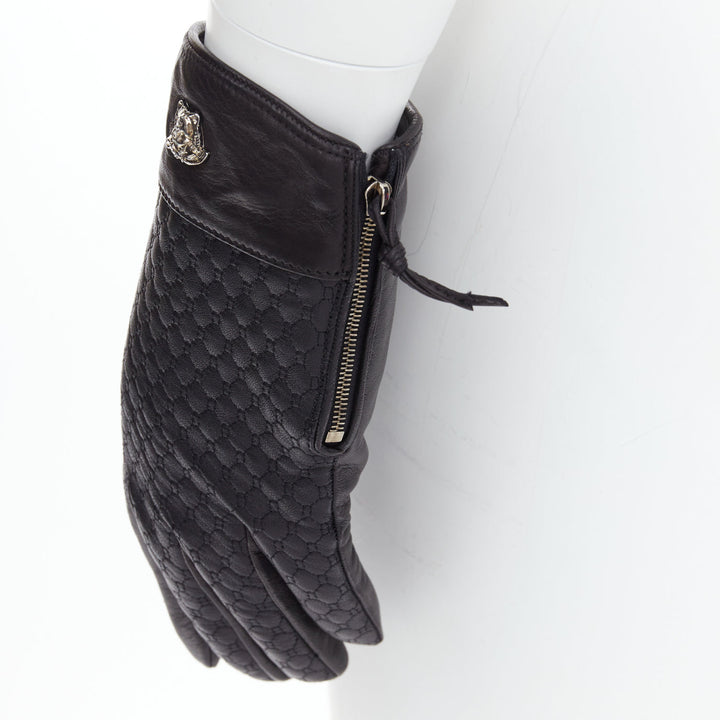 VERSACE black honeycomb quilted leather silver medusa logo gloves M