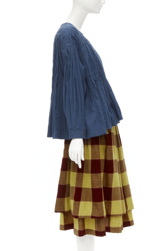 COMME DES GARCONS 1980's Vintage blue shirred stitch top layered checked skirt M