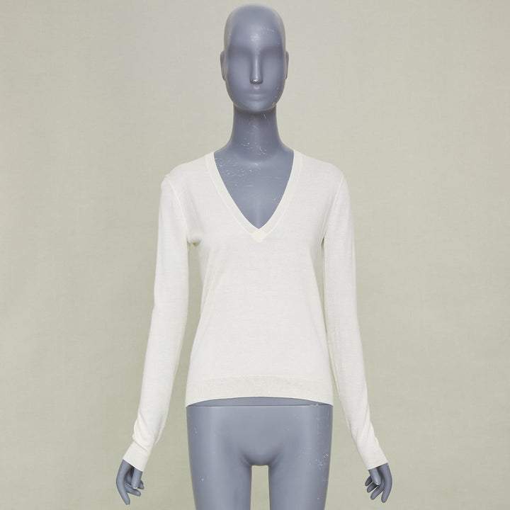 THEORY Yulia cream silk blend v neck long sleeve casual classic sweater knit XS