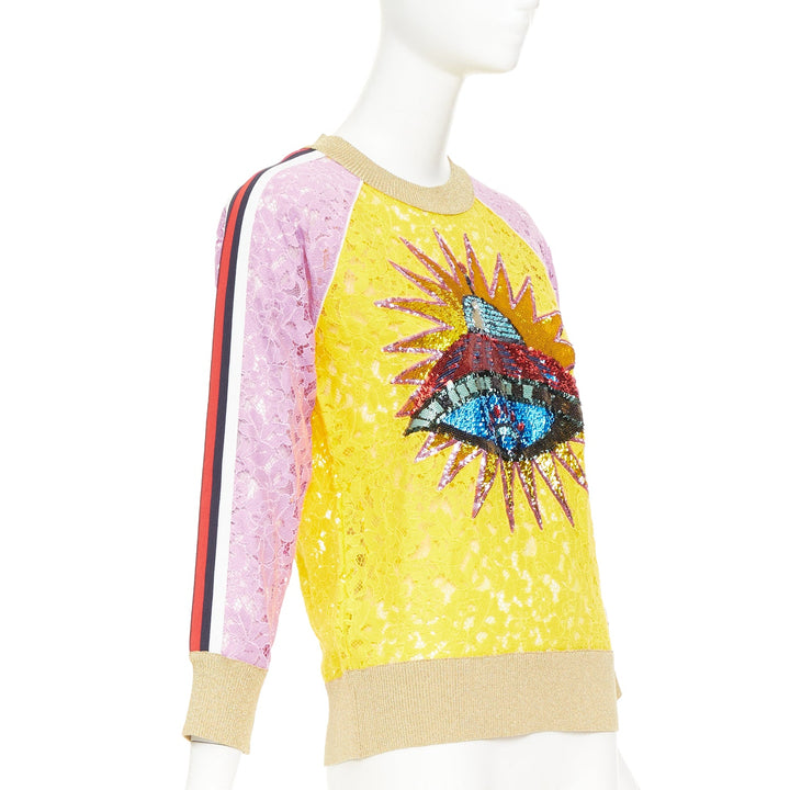 GUCCI multicolor lace UFO sunburst sequin applique pullover sweater top XS