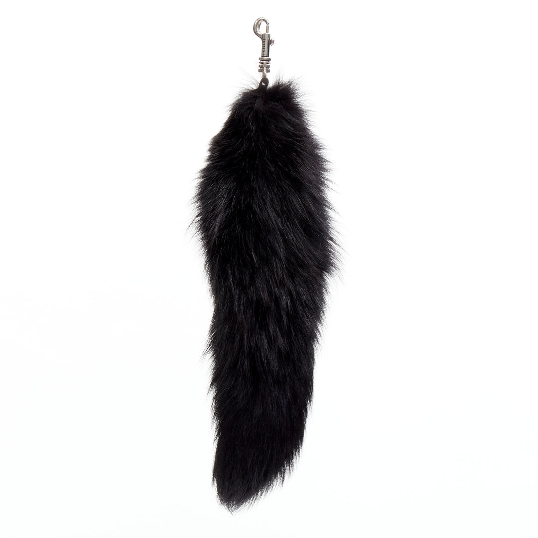 OLD CELINE Phoebe Philo black fox fur tail clasp silver tone keyring bag charm