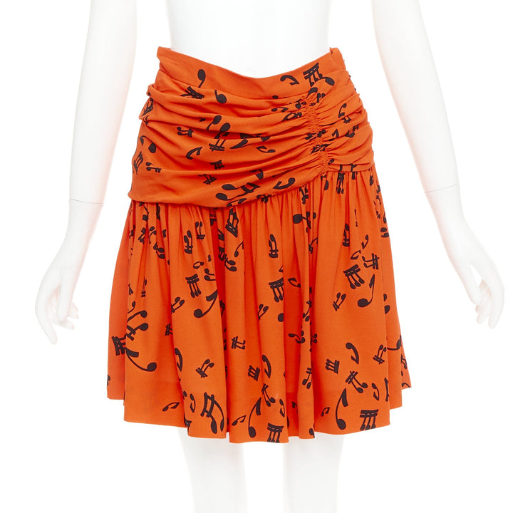 MIU MIU 2014 orange black viscose musical notes melody gathered skirt IT40 M