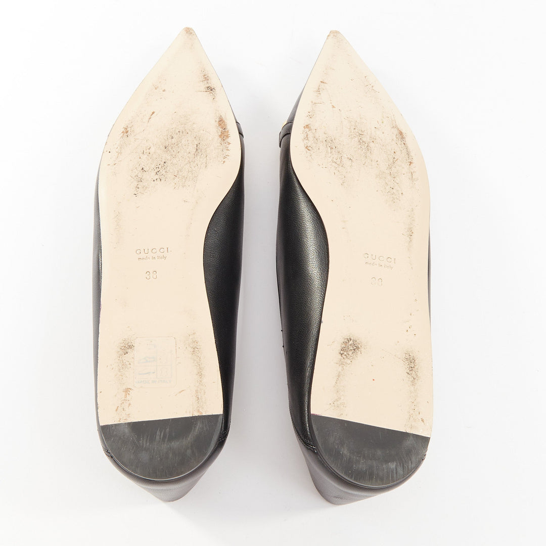 GUCCI 2020 Deva black leather horsebit chain strap pointed ballet flats EU38