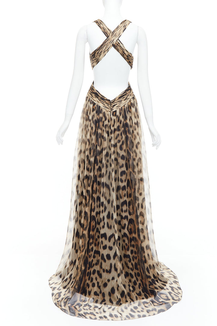 ROBERTO CAVALLI 2014 Runway brown leopard 100% silk cut out gown IT40 S