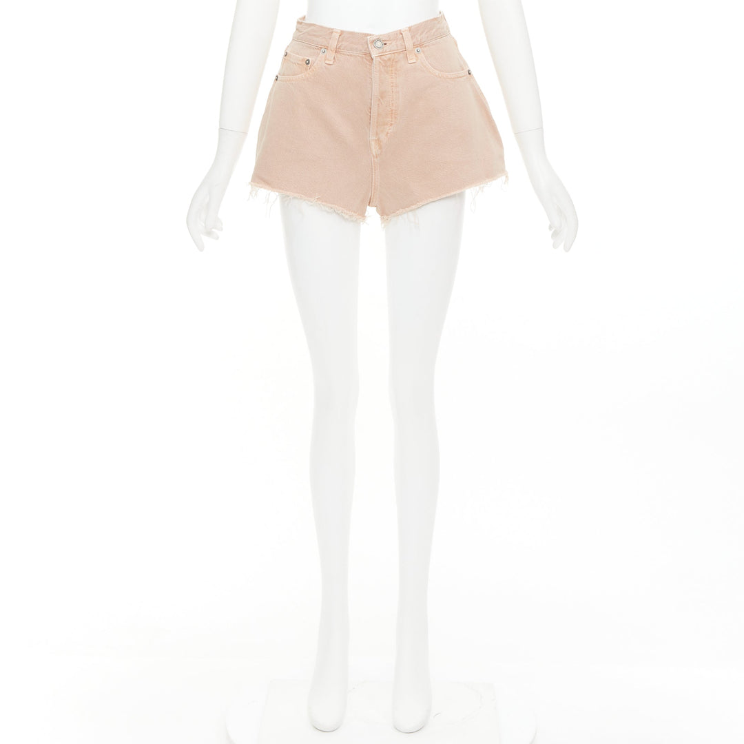 SAINT LAURENT 2020 dusty pink washed denim logo tag flared shorts 25"