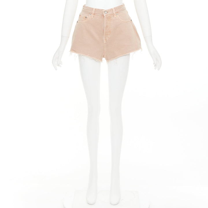SAINT LAURENT 2020 dusty pink washed denim logo tag flared shorts 25"