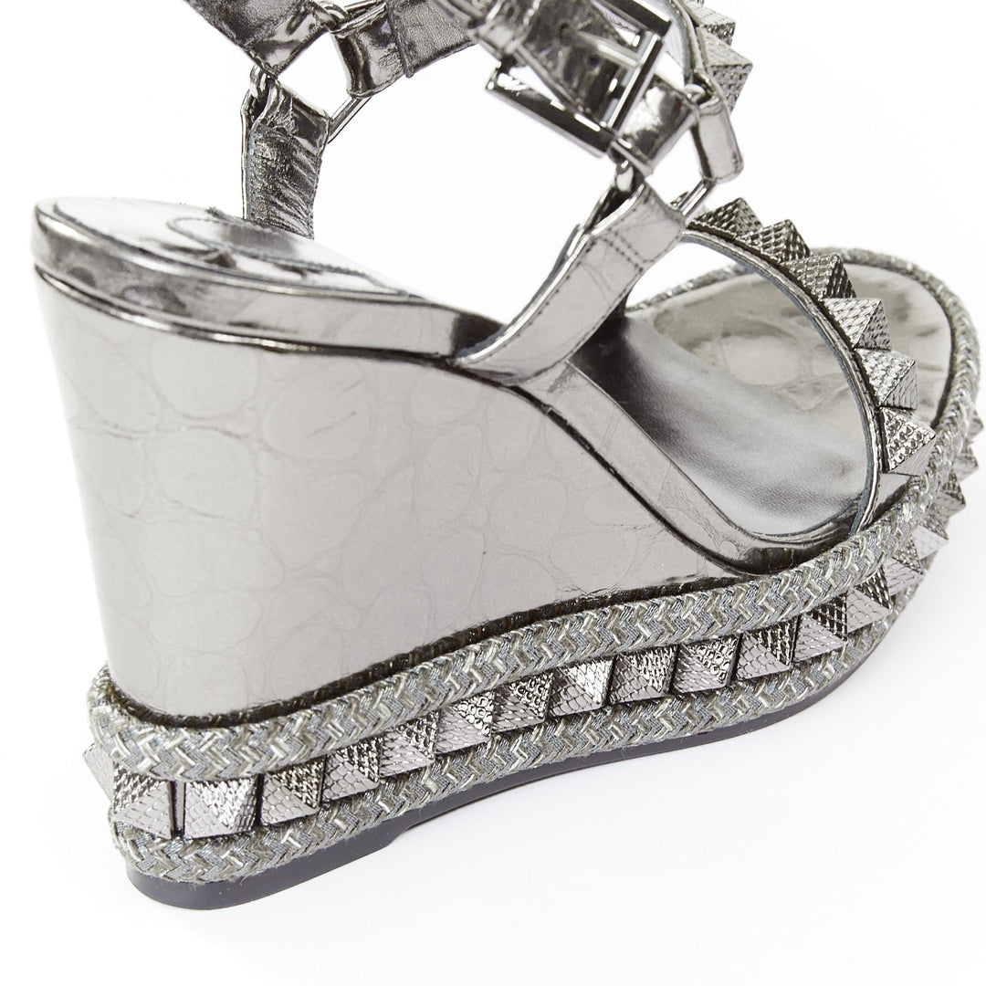 CHRISTIAN LOUBOUTIN Pyraclou 110 Anthracite silver studded espadrille wedge EU37