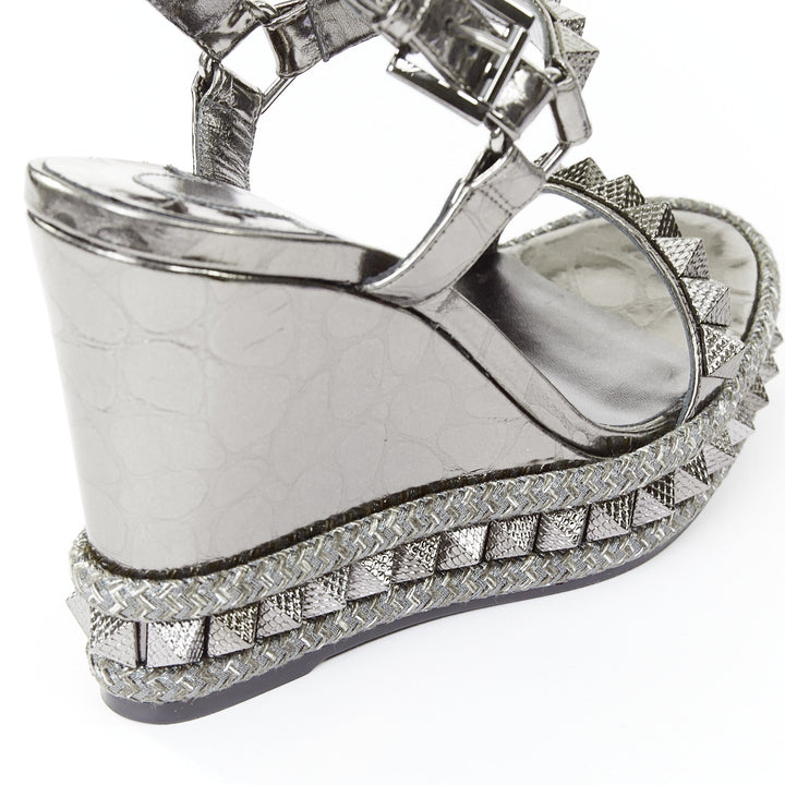 CHRISTIAN LOUBOUTIN Pyraclou 110 Anthracite silver studded espadrille wedge EU37