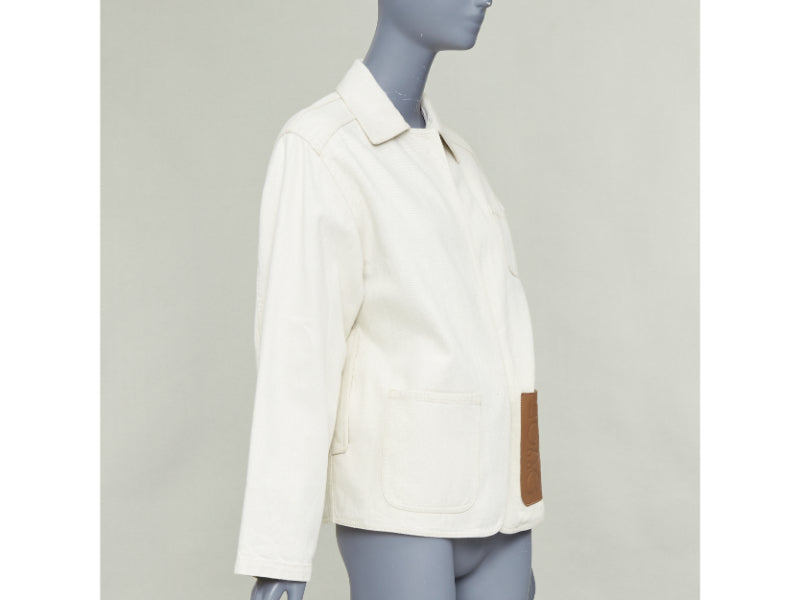 LOEWE JW ANDERSON Anagram brown leather pocket cotton linen work jacket FR34