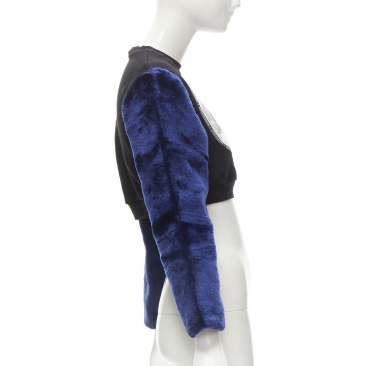 NASIR MAZHAR black velvet print blue faux fur sleeve cropped sweatshirt S