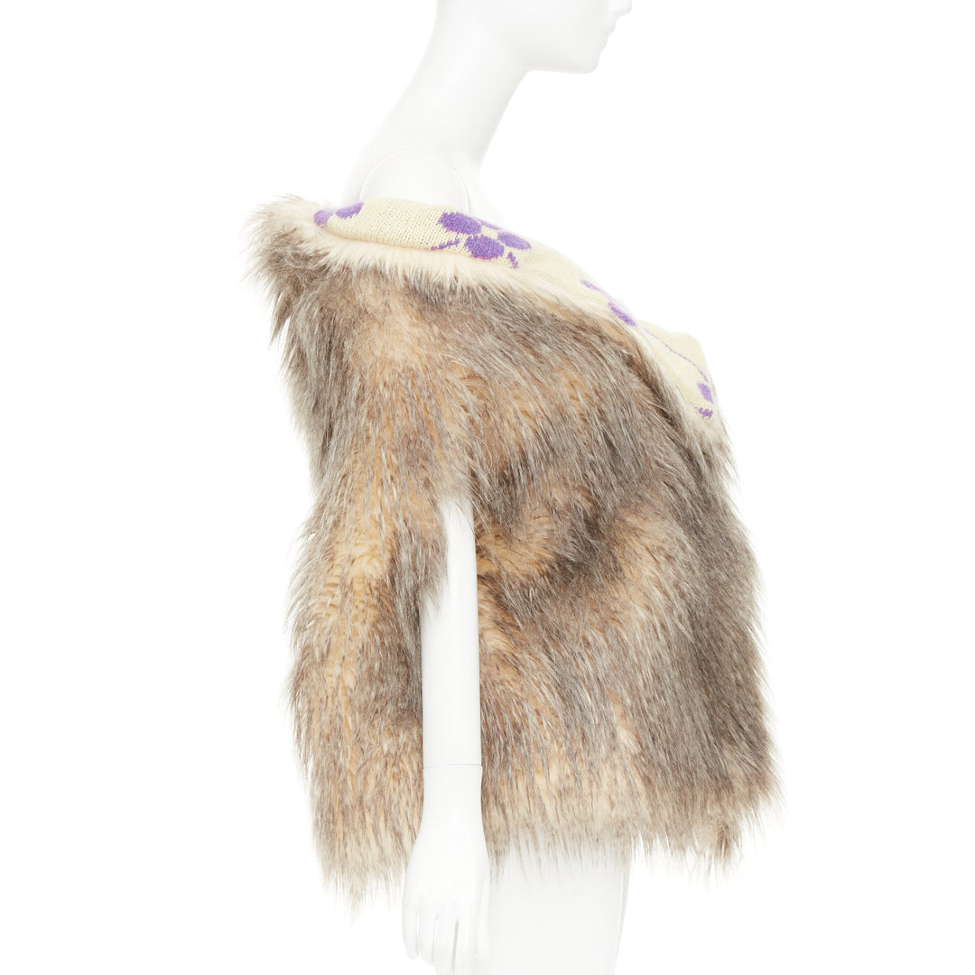 PRADA Raf Simons 2021 Runway brown fur purple floral jacquard clutch shawl IT38