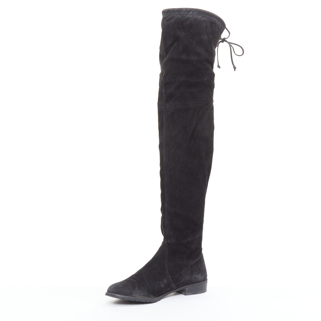 STUART WEITZMAN Lowland black suede drawstring top over knee flat boots EU38