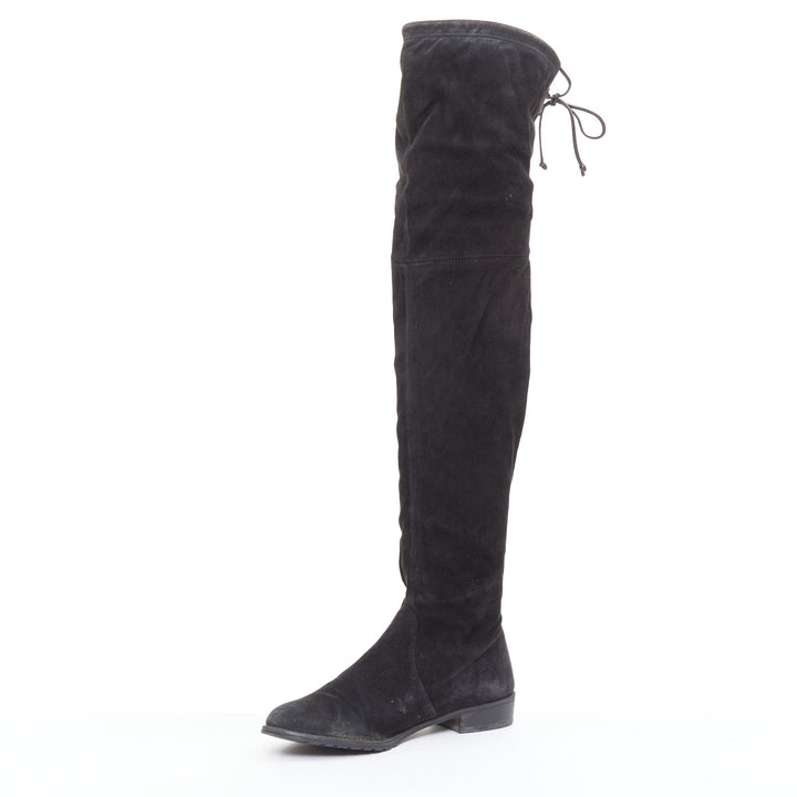STUART WEITZMAN Lowland black suede drawstring top over knee flat boots EU38