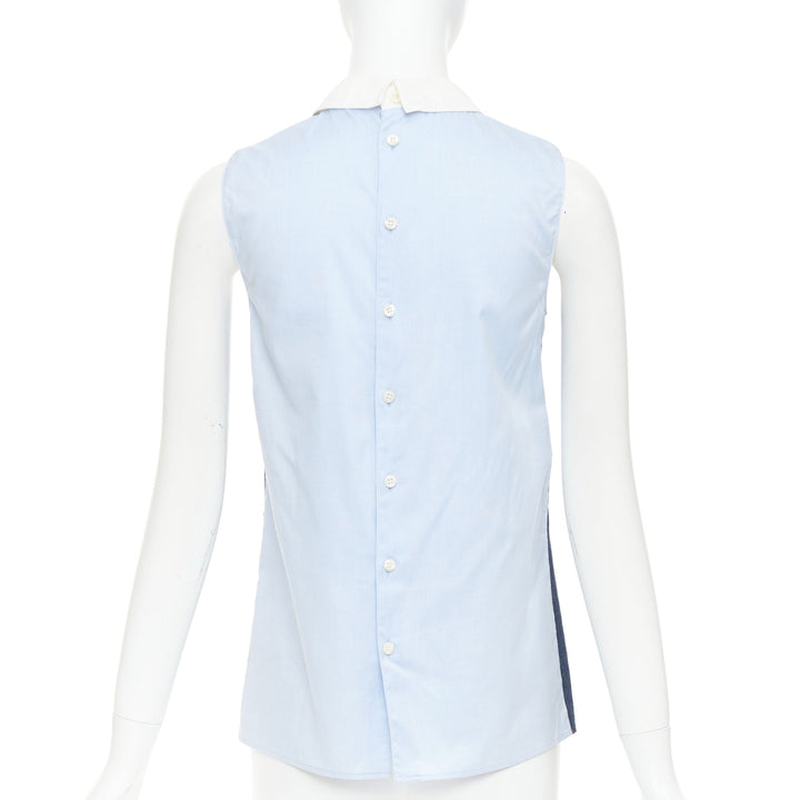 MIU MIU 2015 blue denim patchwork white collar pocket tunic shirt top IT38 XS